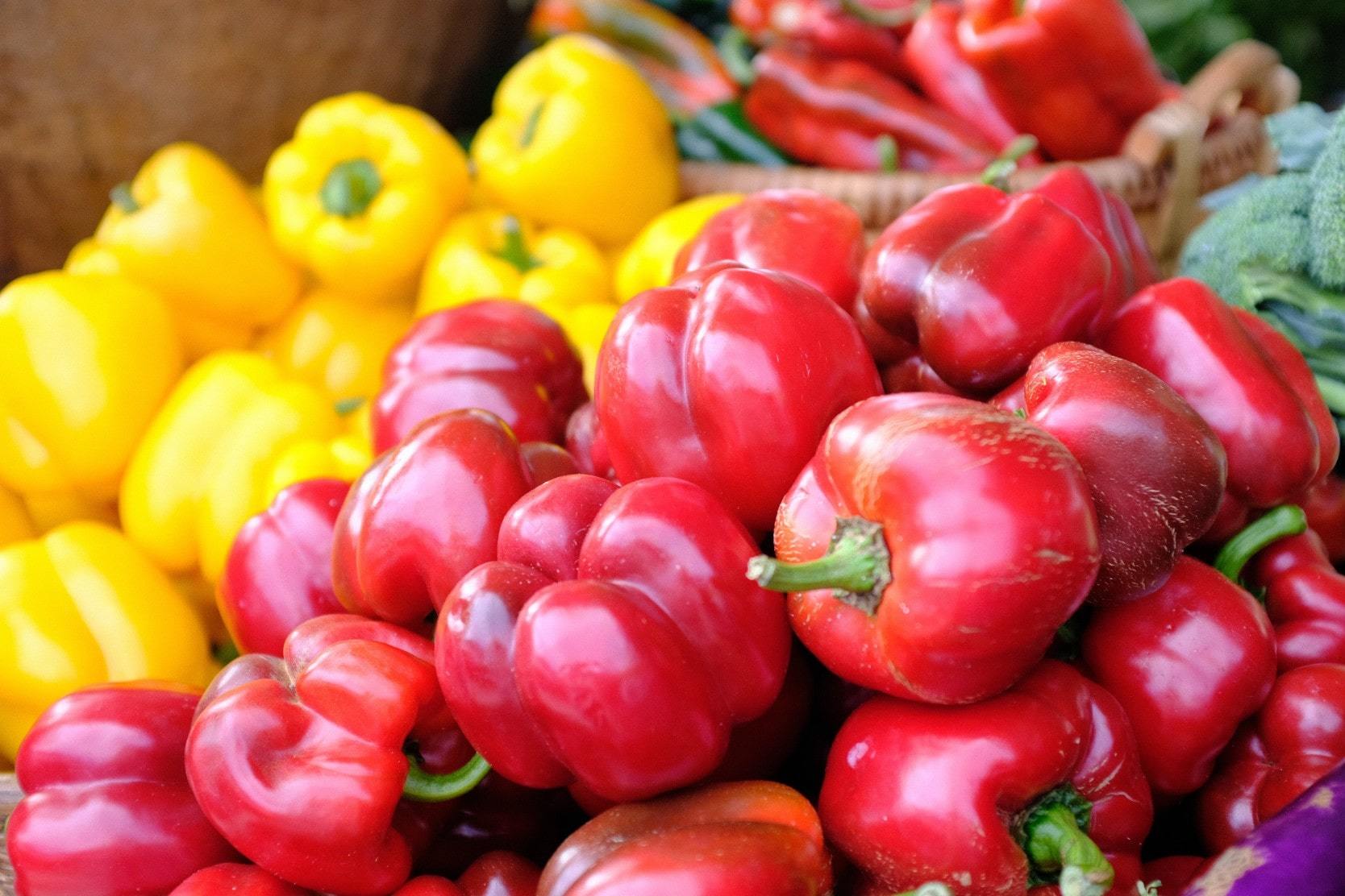 Freshly red and yellow peppers on display at a Farmer's Market in Florida